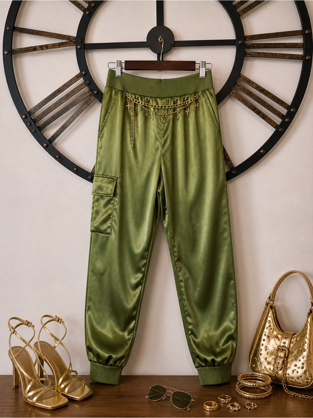 LOGO by Lori Goldstein Olive Green Satin Pants